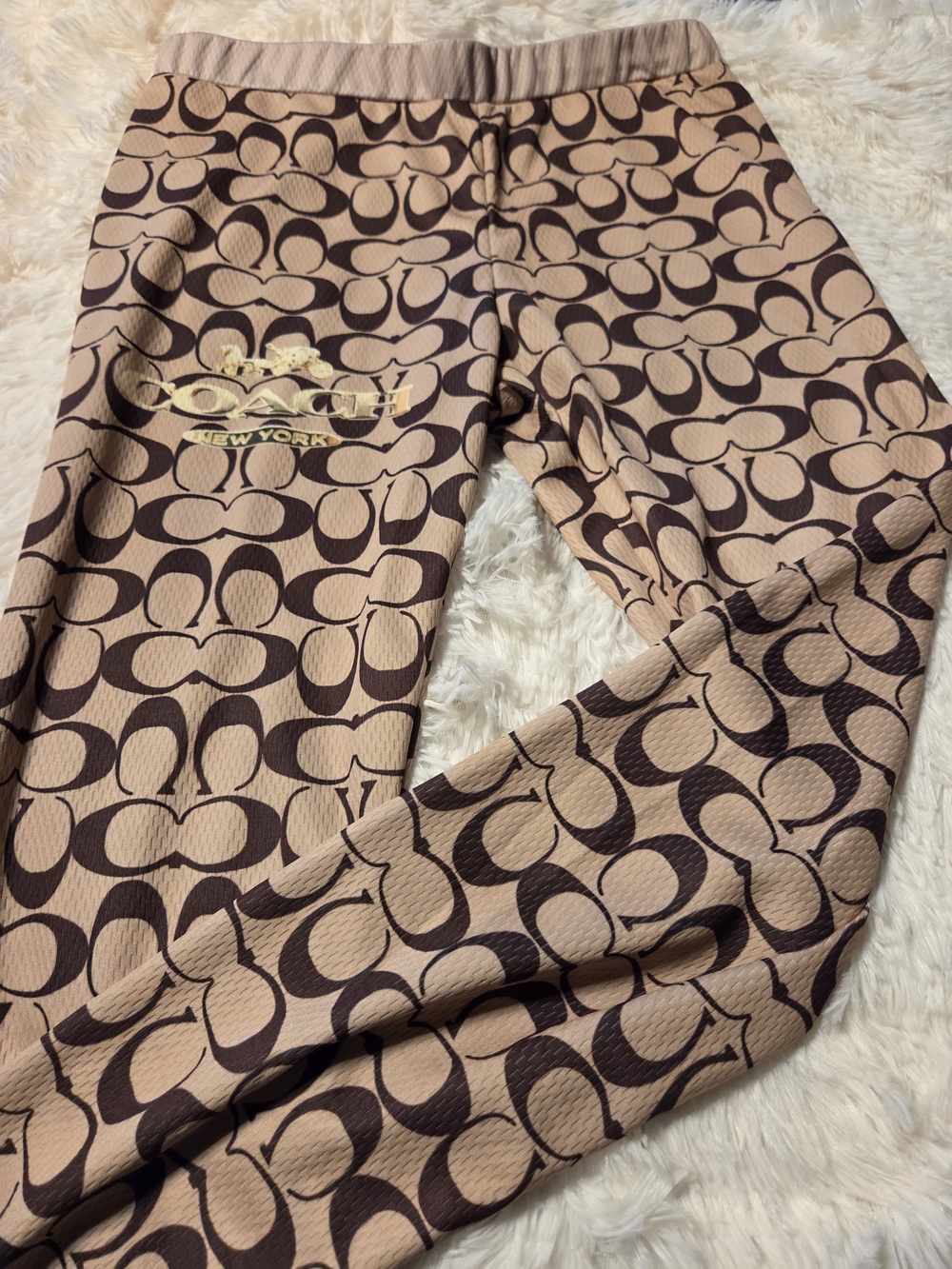 New York Logo Print Leggings in Beige & Brown